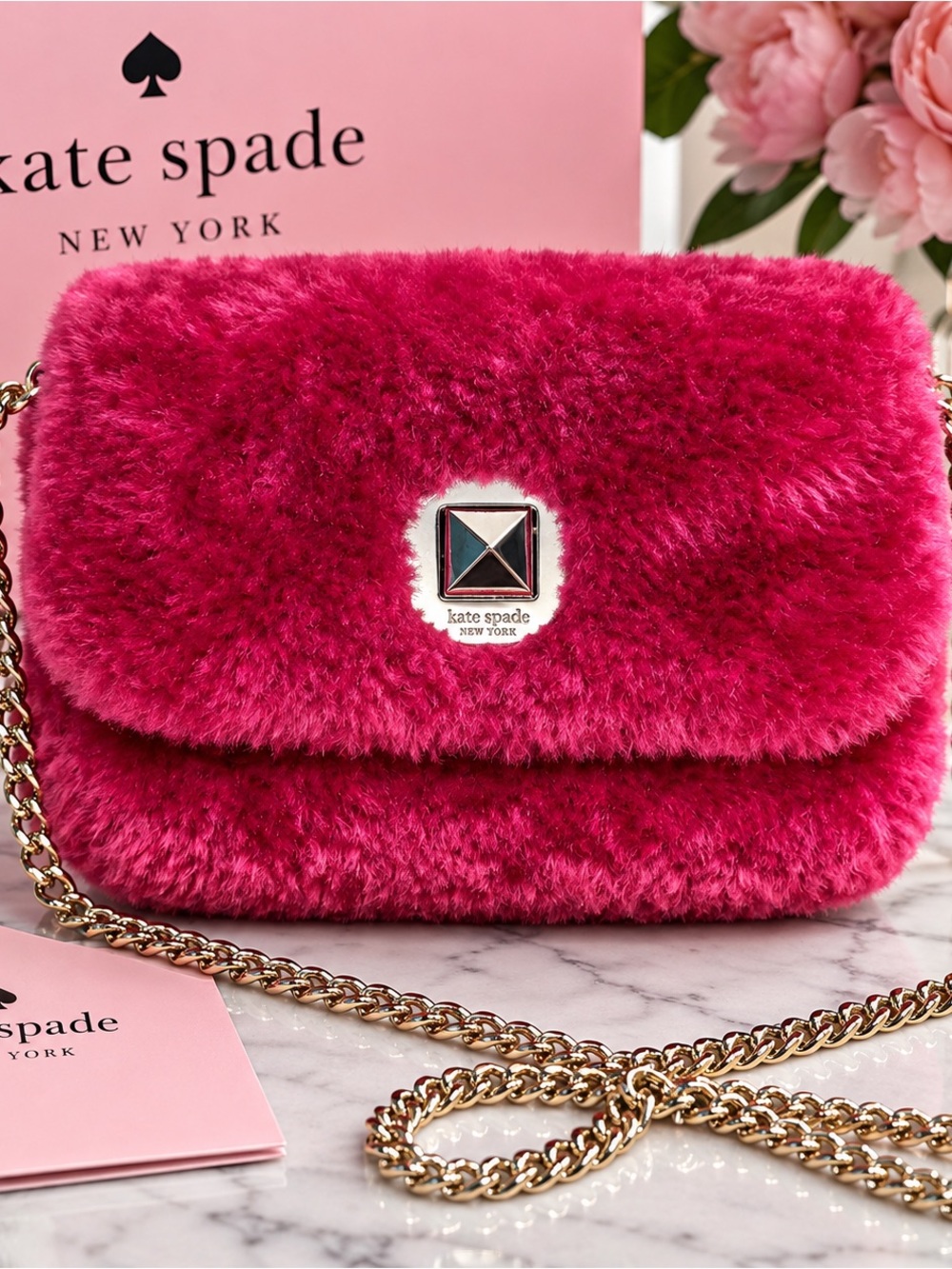 Kate Spade Natalia Pink Faux Fur Small Flap Crossbody Bag K4666